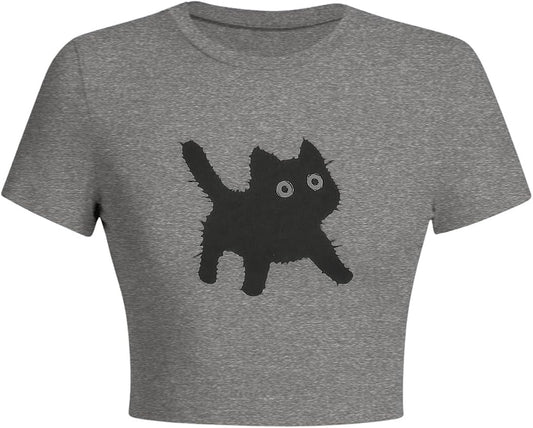WDIRARA Women's Cute Cat Graphic Tee Y2k Short Sleeve T Shirt Slim Fit Crop Tops