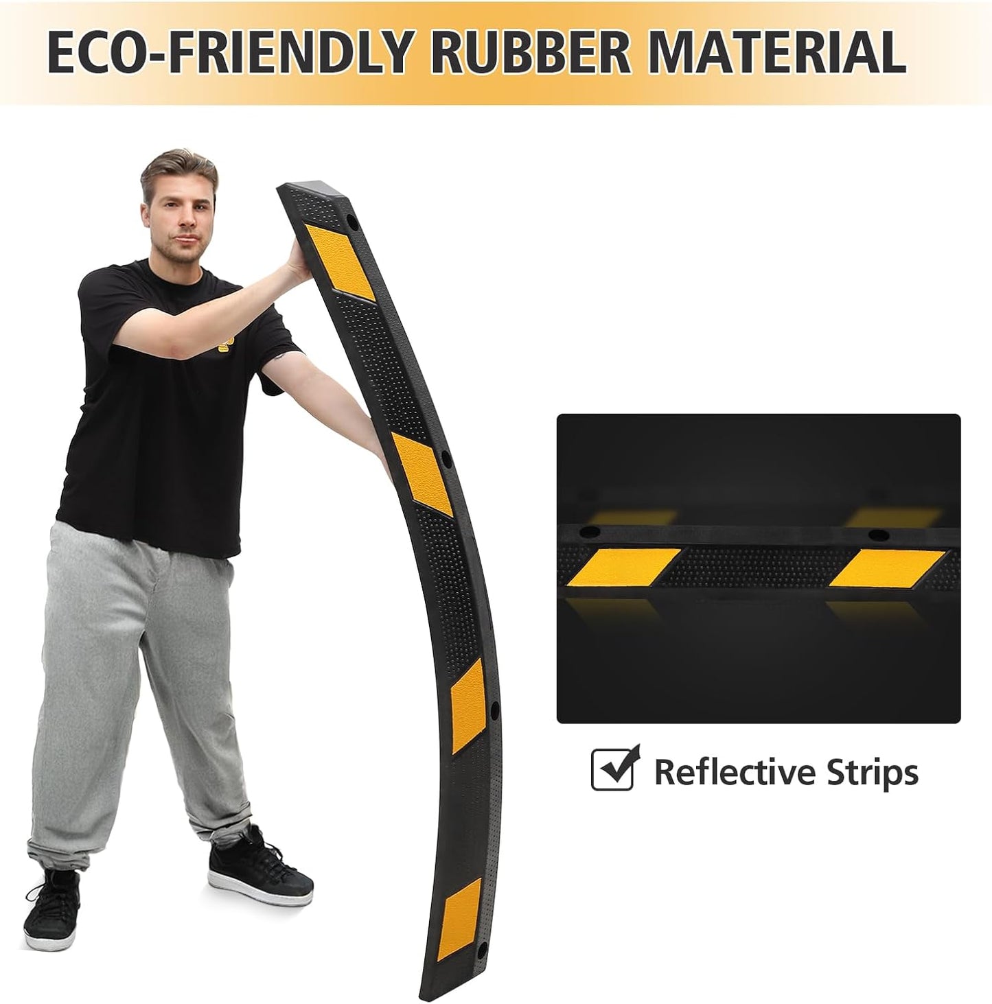 Heavy Duty Rubber Parking Curb (72.8" Extra Wide) - 55000 Lb Capacity with 8 Reflective Strips, UV/Oil Resistant for Driveways & Commercial Lots(1 Pack)