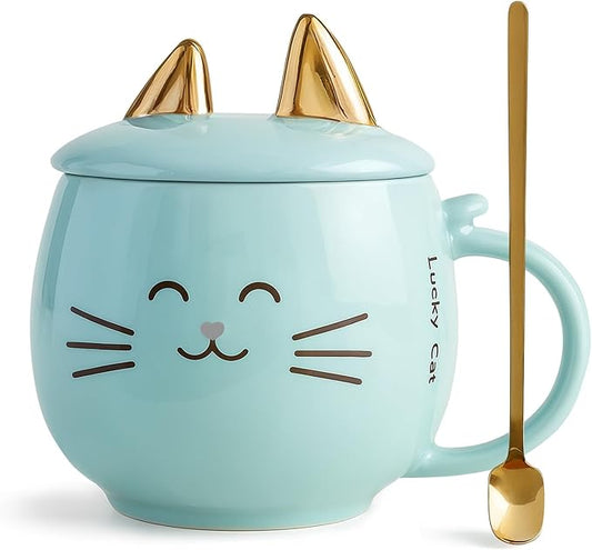 Yuwu Cat Ceramic Coffee Mug with Spoon & Lid, 13.5 oz Novelty Mug with Phone Stand Lid, Cute Tea Cup for Women & Cat Enthusiasts (Blue)