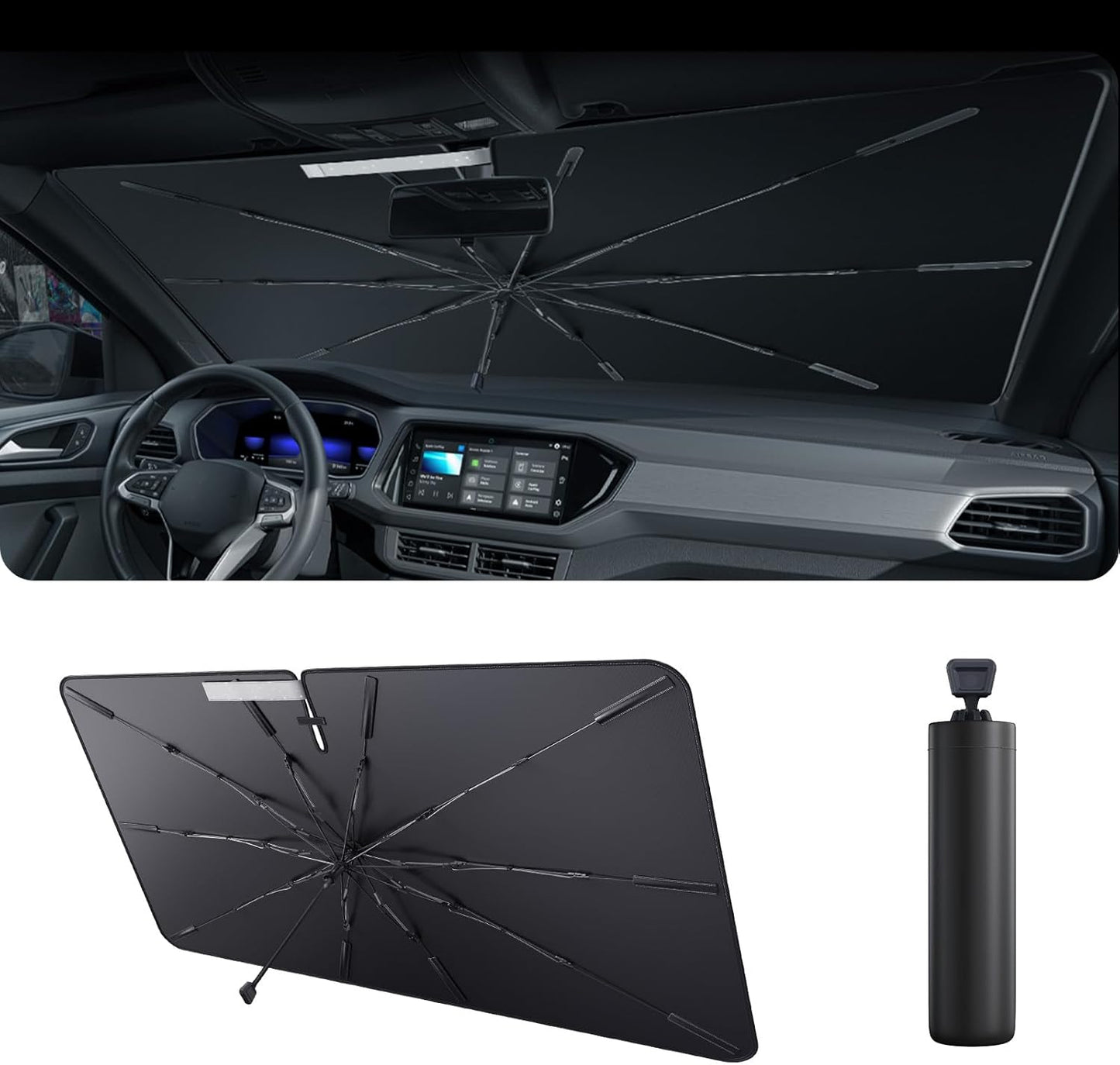 2025 Upgrade Car Windshield Sun Shade Windshield Sunshade Umbrella [Star Fabric] Protect Car from Sun Rays&Heat Damage Keeps Vehicle Cool, Spring Structure Edge Fits Sedans,SUVs,Trucks,Hatchbacks (M1)
