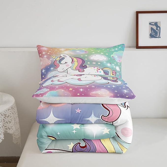 Unicorn Horse Bedding King for Girls,Kids Rainbow Unicorn Comforter Set Cartoon Cute Galaxy Unicorn Comforter for Kids Toddler Bed,Pastel Tie Dye Comforter Set Glitter Stars Quilt Duvet 3 Pcs