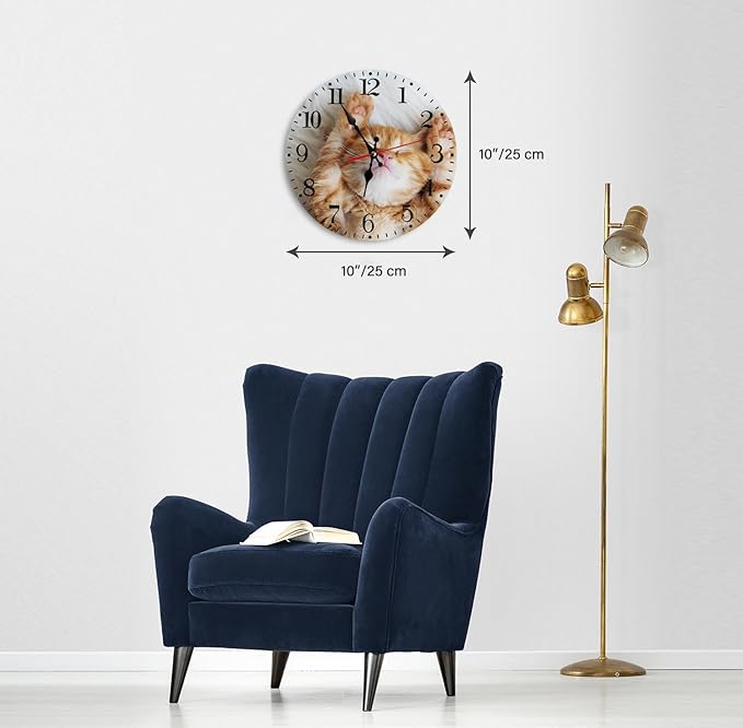 Ansouyi Round Wall Clock Battery Operated Clocks Wallclock 12 Inch,Cute Little Ginger Cat Sleeps Silent Non Ticking Wall Clock for Living Room,Kitchen,Home,Bathroom,Bedroom,Office or School