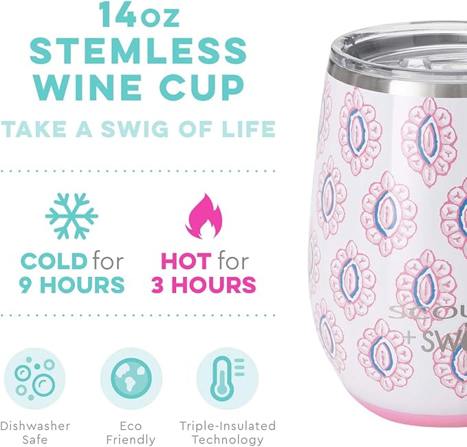 Swig 14oz Insulated Wine Tumbler with Lid, Dishwasher Safe, Stainless Steel Wine Cups (Rose's Luxe)