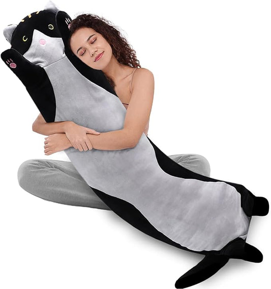 WUYU Lovely Plush Cat Doll Cute Cartoon Soft Stuffed Kitten Pillow Long Throw Sleeping Pillow Doll Toy Gift for Kids Girlfriend Multiple Size (Black, 150cm/59in)