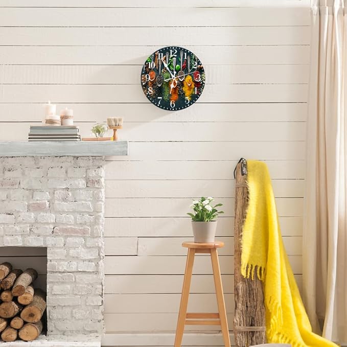 Ansouyi Round Wall Clock Battery Operated Clocks Wallclock 10 Inch,Colorful Various Herbs and Spices Silent Non Ticking Wall Clock for Living Room,Kitchen,Home,Bathroom,Bedroom,Office or School