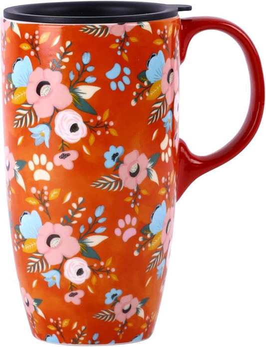 Topadorn Coffee Ceramic Mug Porcelain Latte Tea Cup With Lid 17oz. Orange Coffee Cup