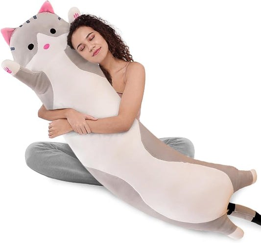 WUYU Lovely Plush Cat Doll Cute Cartoon Soft Stuffed Kitten Pillow Long Throw Sleeping Pillow Doll Toy Gift for Kids Girlfriend Multiple Size (Grey,150cm/59in)