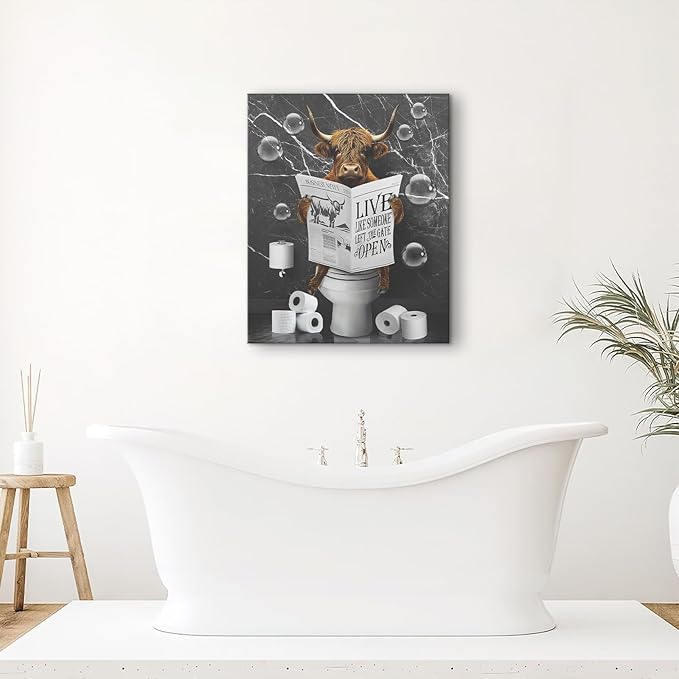 Bathroom Decor Canvas Wall Art Highland Cow Pictures Bathroom Wall Decor Cow Sitting in Toilet Painting Black and White Wall Art for Bathroom Toilet Artwork Framed 16"x20"