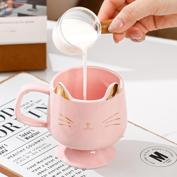 Yuwu Ceramic Coffee Mug, Cute Cat Tea Mug with Spoon, Funny Gifts for Women Girls for cat lovers (White)