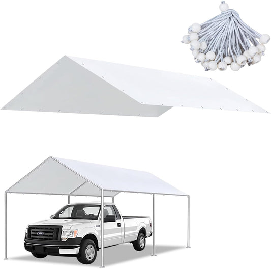 10 x 20 Ft Carport Replacement Canopy Cover Garage Top Tent Shelter with 40 Ball Bungee Cords Heavy Duty Waterproof UV & Tear Resistant, Easy Assembly, White (Only Cover, Frame Not Include)