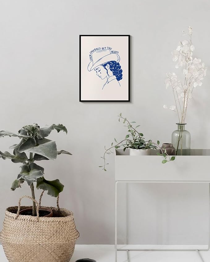 Vintage Cowgirl Portrait Artwork Even Cowgirls Get the Blues, Framed Canvas Wall Art 12"x16" Minimalist Western-Style Decor, Emotional Stylish Tearful Cowgirl Print Home Modern Spaces