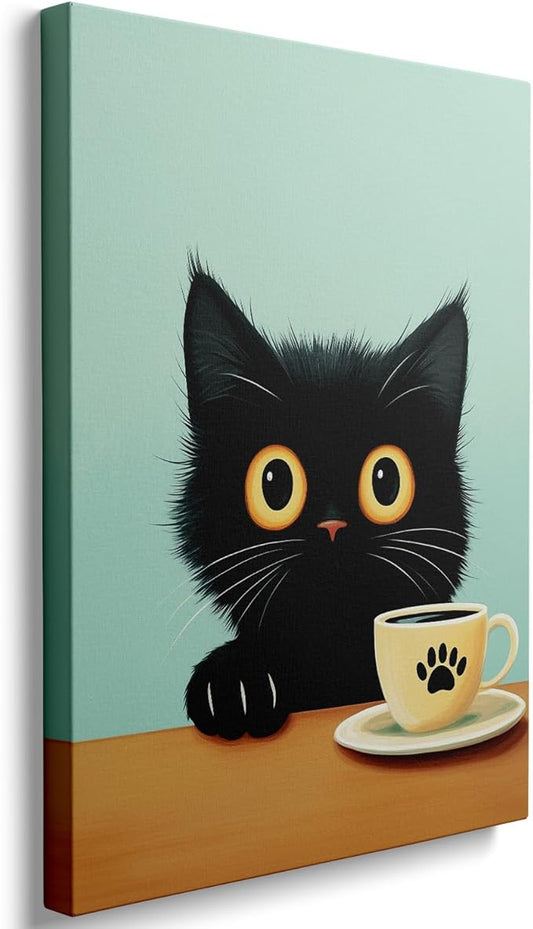 Ypxzzj Funny Black Cat Drinks Coffee Canvas Wall Art,Cute Black Cat with Coffee Posters Picture for Living Room,Retro Black Cat Wall Decor Canvas Prints for Bedroom (16’’x24’’)