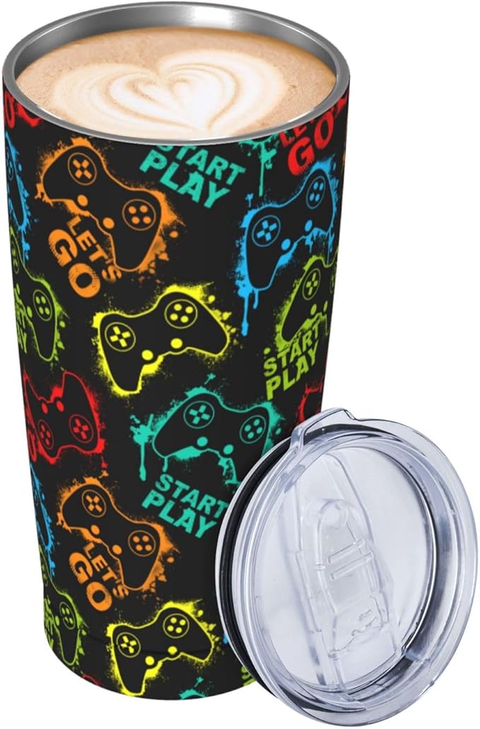 Yobvec Gaming Tumbler Cup with Lid and Straw, 20 Oz Stainless Steel Insulated Gamer Mug Gaming Accessories