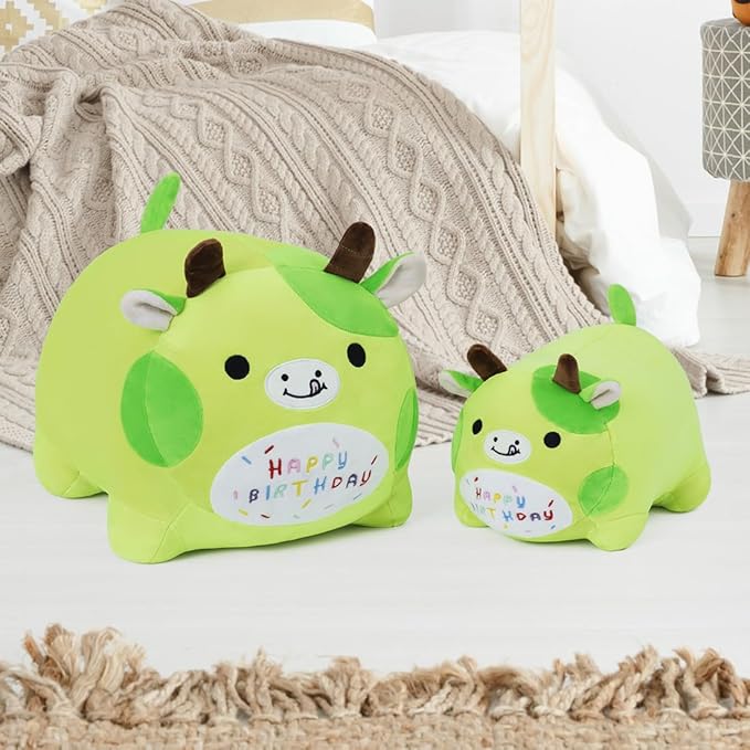 Birthday Cow Plush Pillow Stuffed Animal Toy, Green Birthday Cartton Cow Plush Stuffed Animals, Soft Animal Plush Pillow for Kids(Cow, 25cm/9.8inch)