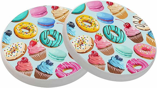 Sweets Cupcake Donut Coasters Cake Macaron Cream Bake Chocolate Ornament Absorbent Drink Coaster Set of 2 Unique Beer Beverage Coasters for Coffee Table Cup Bar Coasters Cute Cork Ceramic Coasters