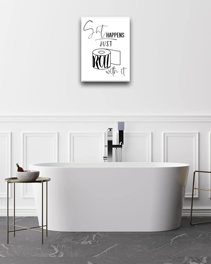 UPWOIGH Funny Bathroom Wall Art Decor, Black and White Toilet Paper Wall Art, Waterproof Wood Framed Canvas Wall Art, Downstairs Toilet Humor Abstract Prints, 12x16in Pictures 1 Pack