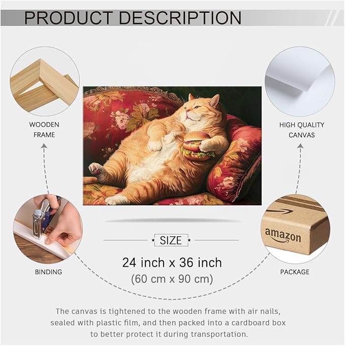 Victorian Renaissance Canvas Poster Funny Fat Cat With Hamburger Wall Art Lying In Sofa Cute Cat Painting Wall Decor 24x36 inch Framed for Animal Lover Gift