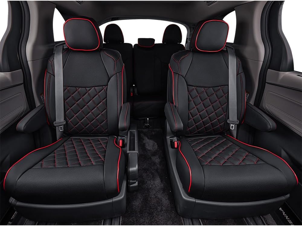 EKR Sienna Seat Covers for 2011-2020 Toyota Sienna L,LE,XLE,Limited,7 Seats,2nd Row Captain Seats W/NO Legrest,Waterproof Car Seat Cover Full Set,Car Seat Protectors-Leather(Black with Red Piping)
