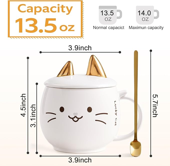 Yuwu Cat Ceramic Coffee Mug with Spoon & Lid, 13.5 oz Novelty Mug with Phone Stand Lid, Cute Tea Cup for Women & Cat Enthusiasts (White)