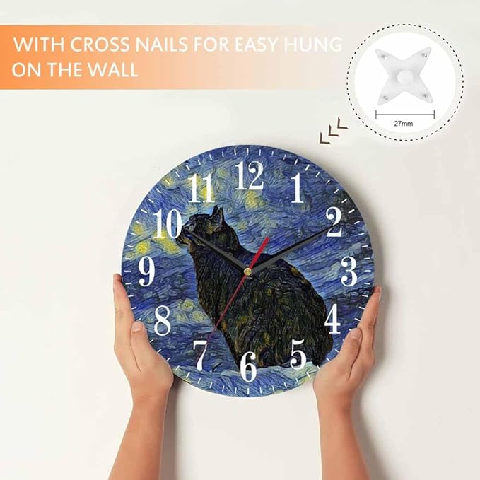 Van Gogh Wall Clock Oil Painting Galaxy Cat 10 Inch Silent Non Ticking Battery Operated Clock Vintage Round Clock for Living Room Bedroom Bathroom Office Decor