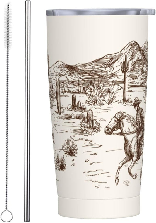 Western Desert Tumbler Cowboy Stainless Steel Insulated Tumblers with Lid Straw Reusable American Wild Landscape Coffee Travel Mug Tea Drinking Water Wine Cups Gifts for Women 20 Oz