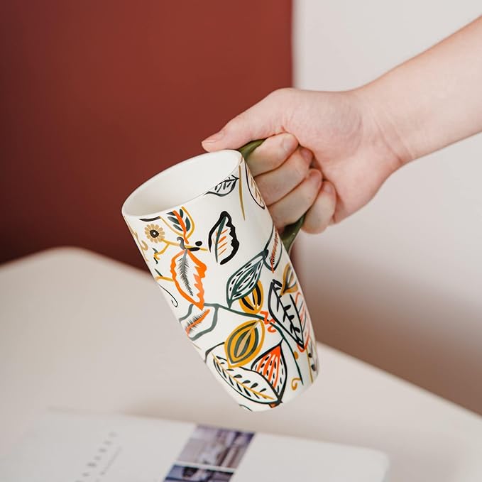 Topadorn Ceramic Coffee Mug Travel Cup with Lid Latte Mug,17oz.Leaves, Father's Day Gift