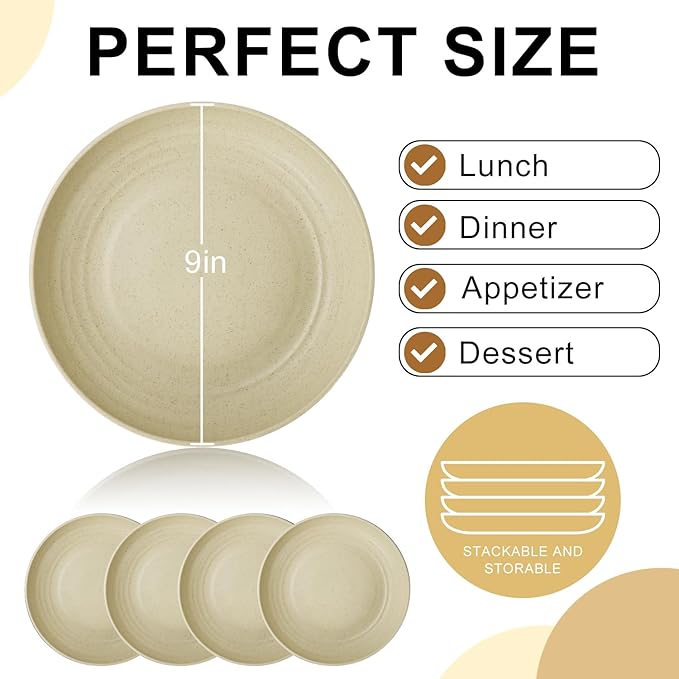 Wheat Straw Dinner Plates, 9 Inch Beige Set of 8, Lightweight Unbreakable Plastic, Microwave & Dishwasher Safe Kids Plates