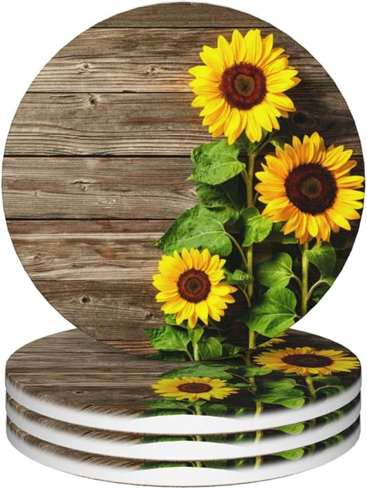Sunflower Coasters for Drinks Set of 4, 4 Inch Romantic Wooden Background Absorbent Diatomite Ceramics Coasters for Coffee Table with Cork Base Tabletop Protection Suitable for Dining Desks