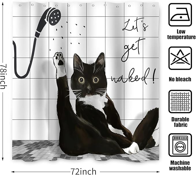 Black Cat Extra Long Shower Curtain, Funny Kitty Animal Get Naked Plaid Machine Washable Waterproof Durable Fabric for Bathroom Decor Bathtub with 12 Hooks 72Wx78H