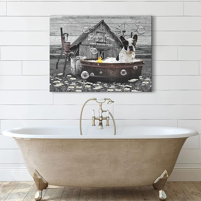 Boston Terrier in Bathtub Wall Art Funny Dog Pictures Wall Decor Farmhouse Bathroom Decor Painting for Bathroom Prints Black and White Artwork Framed 12"x16"