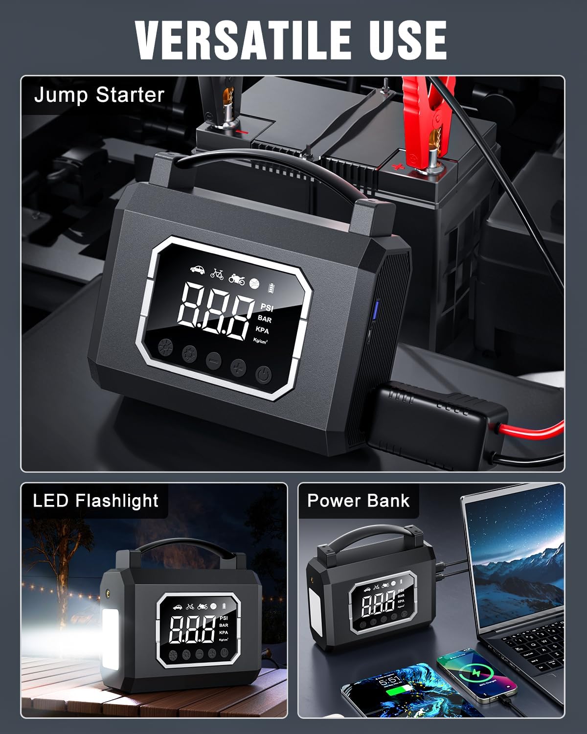 Jump Starter 3000A, Car Battery Jumper Starter Portable (All Gas 10L Diesel Engine) with 65W Quick Charger, 12V Portable Jump Box with 4 Modes Flashlight and Jumper Cable (Black)