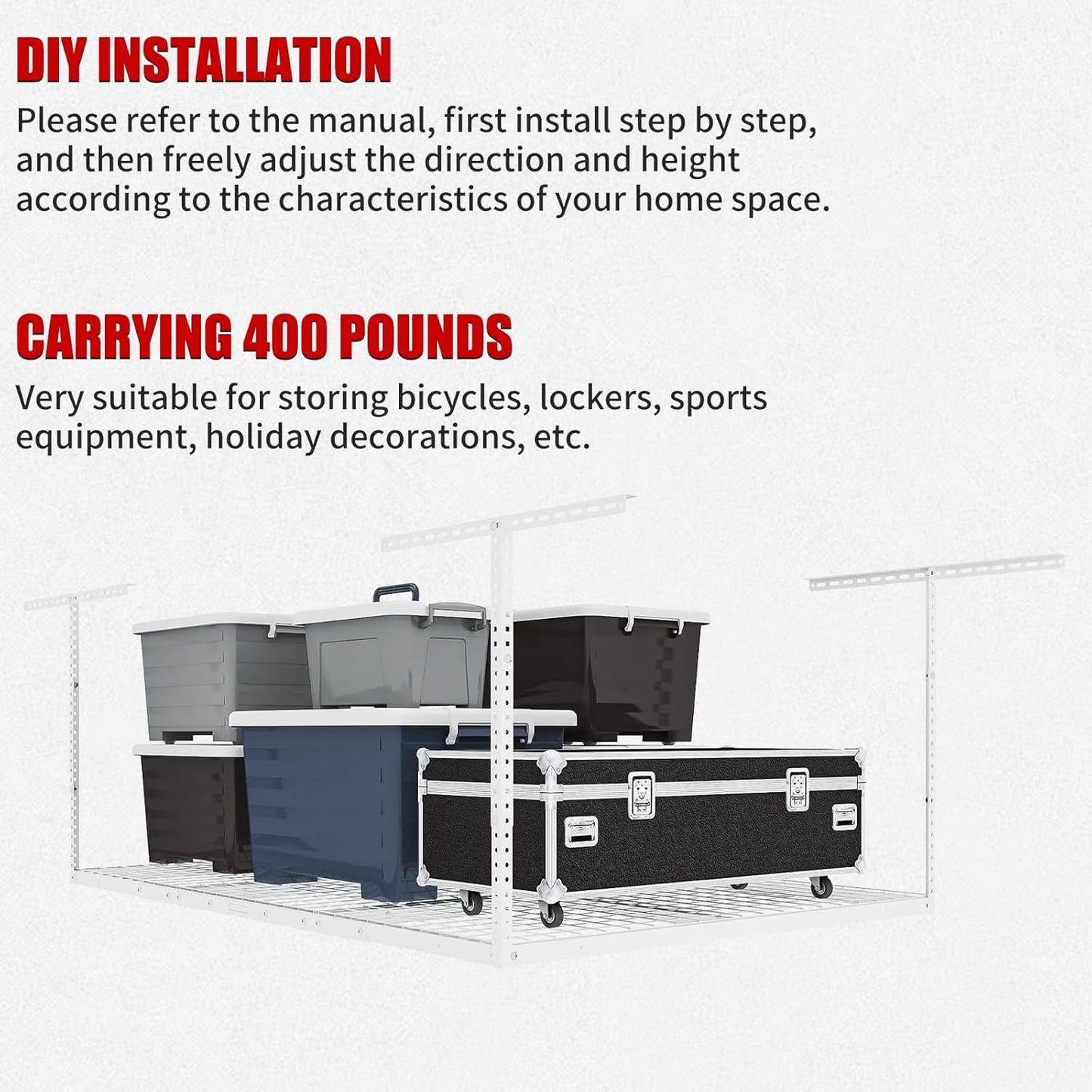 Heavy Duty Overhead Garage Storage Rack, Adjustable Organization System, Metal Garage Ceiling Storage Racks, White