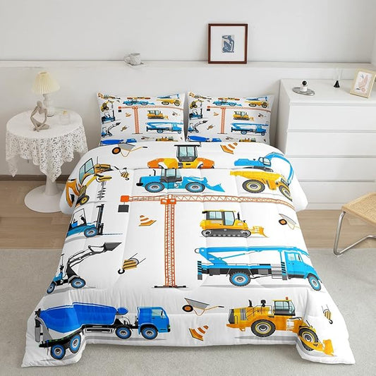 Tractor Comforter Set King Excavator Bedding Set For Boys Kid Construction Trucks Down Comforter Yellow Blue Equipment Truck Machinery Vehicle Bedroom Decor Forklift Bulldozer Crane Duvet Insert