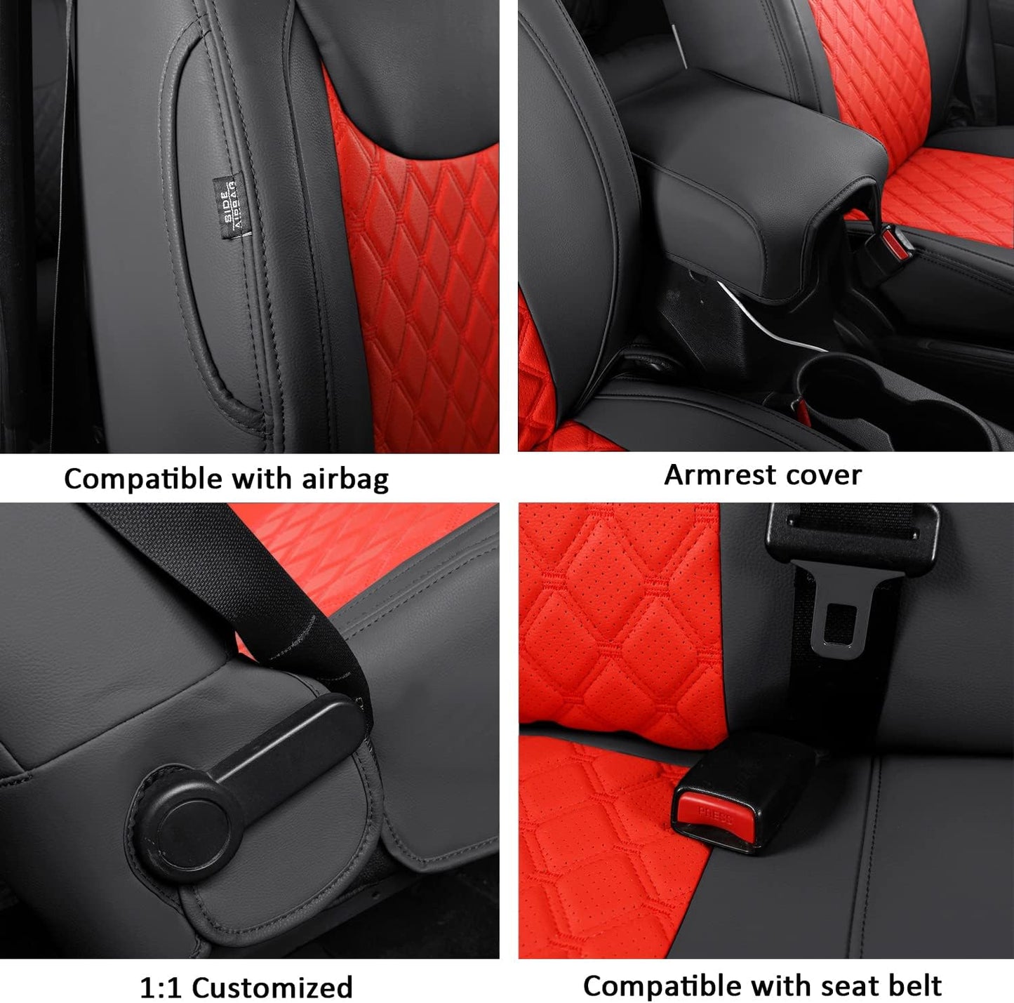GIANT PANDA Customized Full Set Car Seat Covers for Jeep Wrangler 4 Door JK Sahara Sport Rubicon Unlimited Willys Wheeler Altitude 2013 2014 2015 2016 2017, Faux Leather - (Black+Red)