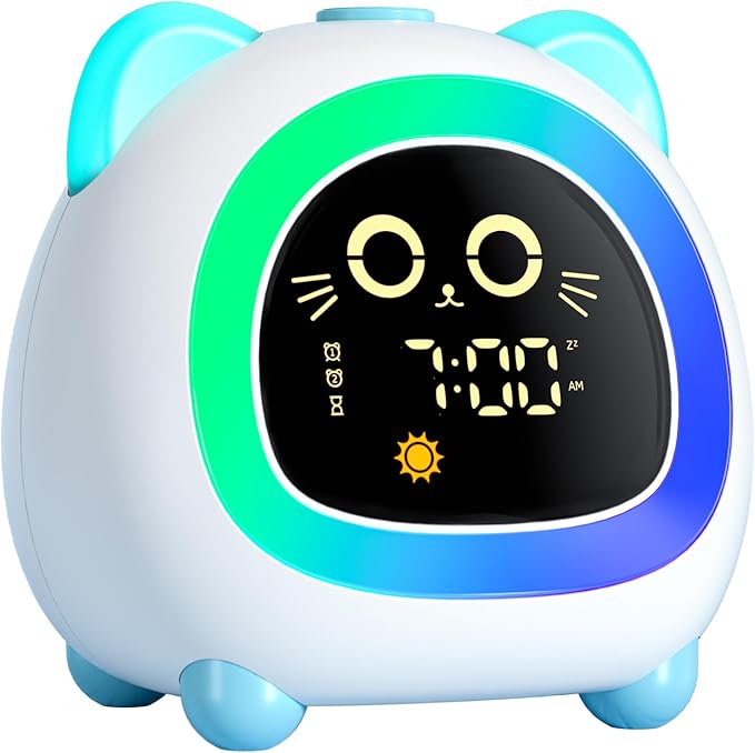 winshine Kids Alarm Clock Cat, OK to Wake Clock with Night Light for Kids, Stay in Bed Clock Sleep Training, Nap Timer, Cute Kids Room Decor, Gift Ideas for Kids Toddler Boy Girl (Blue)
