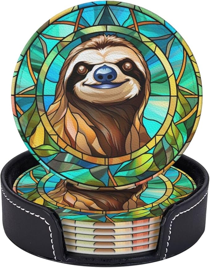Sloth Drink Coaster Set of 6, Sloth Decor Gifts, Leather Drink Coasters with Holder, 6 Pack Cup/Bar/Drink Coasters for Table/Drinks/Coffee Protection Housewarming Gift (Sloth)