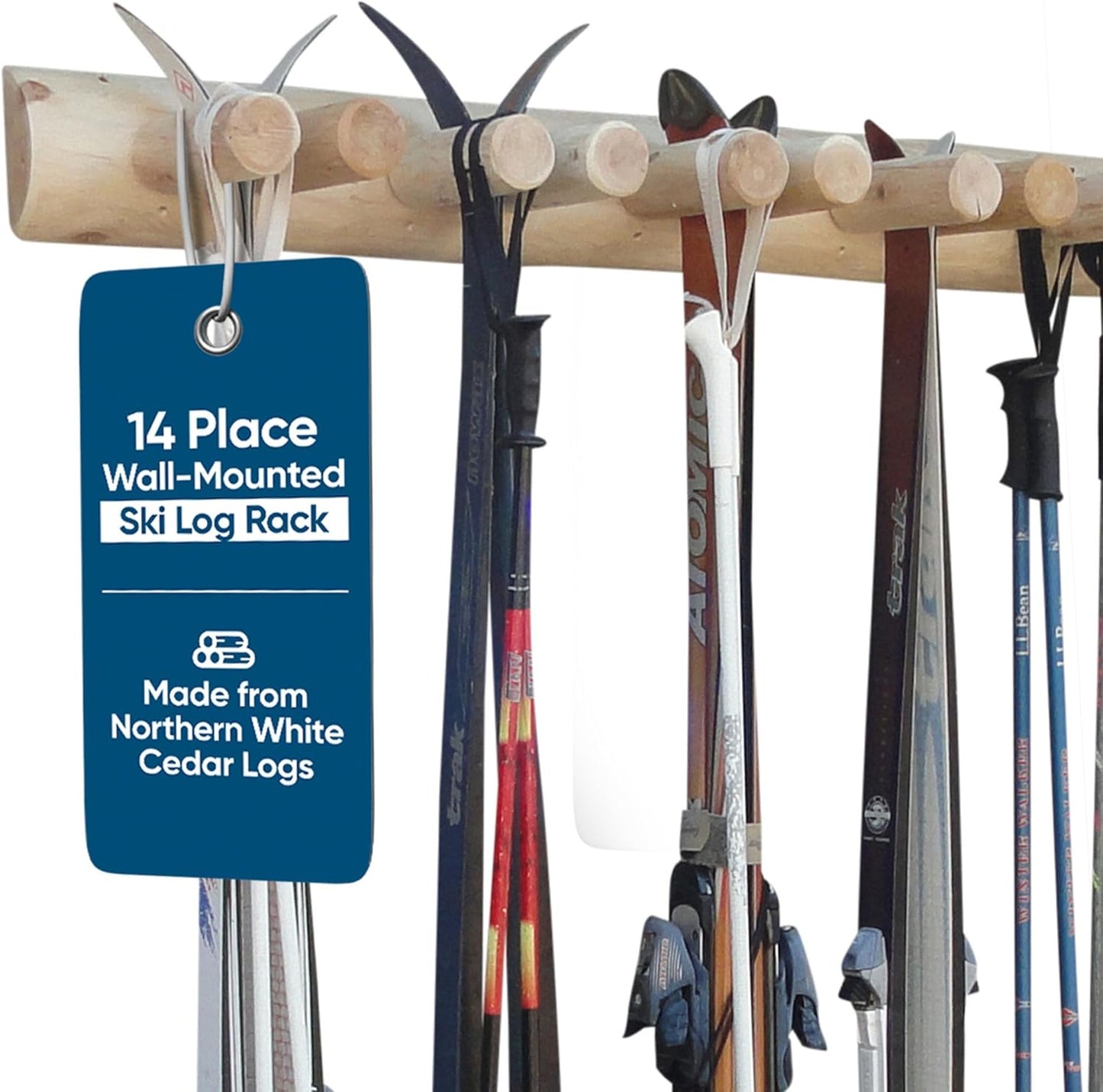 14-Place Log Ski Rack Wall Mount, Indoor Ski Storage Rack for Garage Organizers, Wooden Skis Wall Mount Storage Racks, Pole Skis Sports Racks, Garage Organization Walls - Unfinished