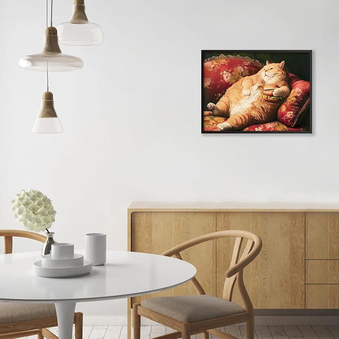 Victorian Renaissance Canvas Poster Funny Fat Cat With Hamburger Wall Art Lying In Sofa Cute Cat Painting Wall Decor 24x36 inch Black Framed for Animal Lover Gift