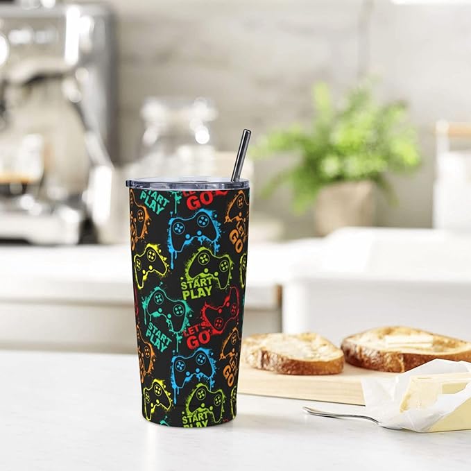 Yobvec Gaming Tumbler Cup with Lid and Straw, 20 Oz Stainless Steel Insulated Gamer Mug Gaming Accessories