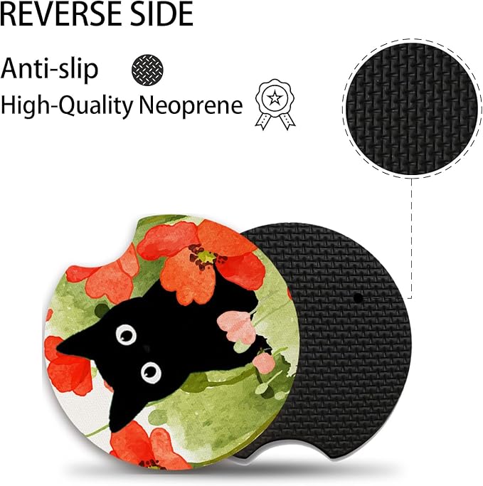 Car Coasters for Cup Holders,Balck Cat Cute Car Assecories for Women,Pack of 2 Cup Holder Coasters for Car,2.75" Anti Slip Rubber Car Cup Mat with A Finger Notch.