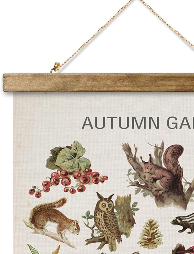 XIAOAIKA Autumn Garden Wildlife Poster - Vintage Illustrated Seasonal Fauna and Flora Chart with Wooden Frame - Educational Wall Art for Home, Classroom, or Nature Enthusiast 12 x 16 Inches