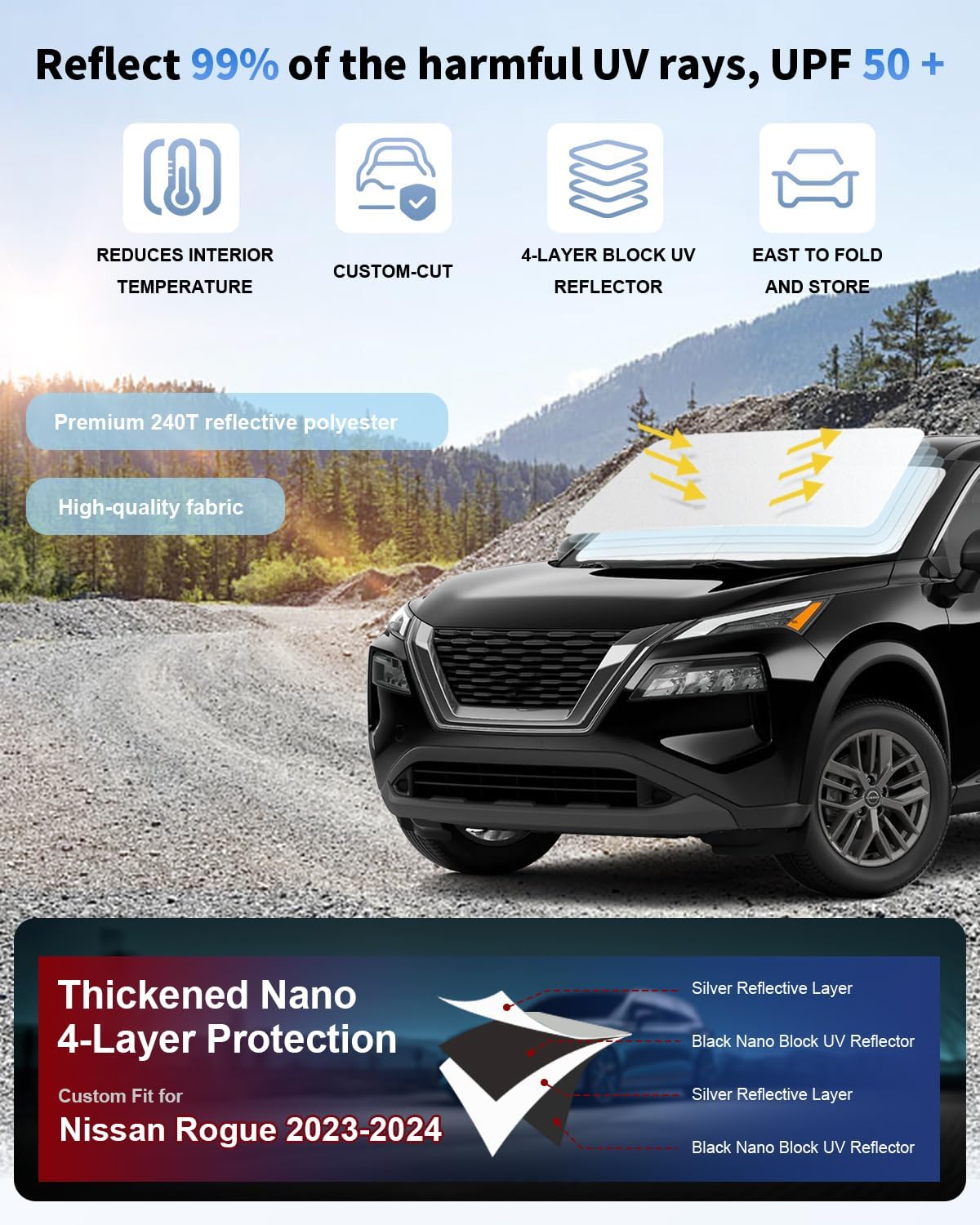 for Nissan Rogue Windshield Sun Shade Sunshade Custom Fit Rogue Accessories 2023-2024 2025 (Not for Rogue Sport) 2-Layer Windshield Cover Front Window Sun Visor 240T Shield Protector Block UV Ray