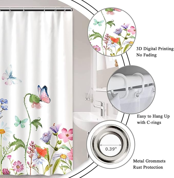 AWERT Butterfly Wildflowers Small Half Size Stall Shower Curtain with Hooks Shower Stall Curtain for Bathroom/RV and Camper 48 x 72