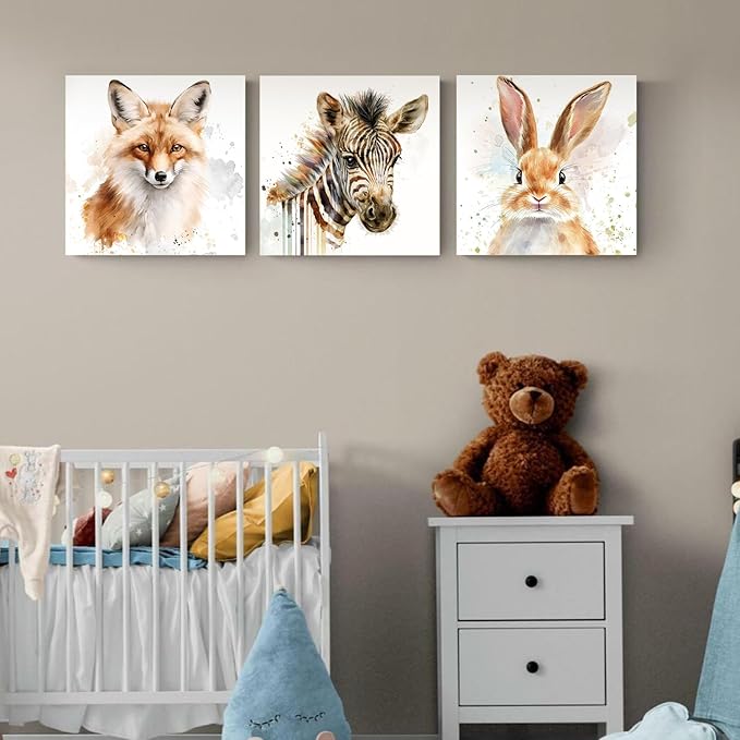 Watercolor Rabbit Wall Art Nursery Bunny Pictures Wall Decor Abstract Animal Canvas Print Art Cute Bunny Rabbit Poster Modern Artwork for Kids Bedroom Bathroom Living Room Home Decor 12x12inch