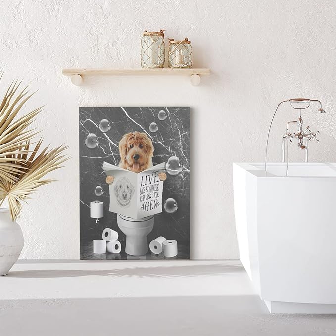 Bathroom Decor Canvas Wall Art Funny Dog Sitting in Toilet Pictures Black and White Animals Wall Decor Farmhouse Bathroom Painting for Bathroom Toilet Artwork Framed 12"x16"