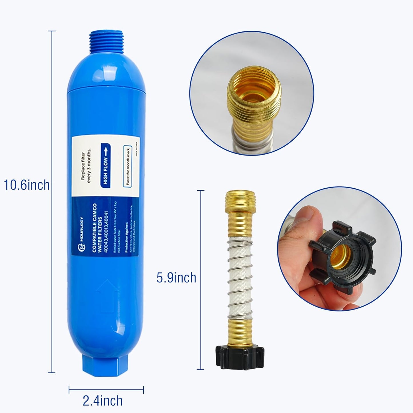 Hourleey 4 Pack RV Inline Water Filter with 2 Flexible Hose Protector, Reduce Bad Taste, Odors, Rust, Fluoride, Chlorine and Sediment in Drinking Water, Dedicated for RVs Campers Marines