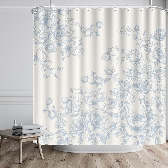 Vintage Chinoiserie Flowers Shower Curtain 72x72in Set with Hooks,Light Blue Porcelain Floral Leaves Asian Oriental Art Polyester Fabric Bathtub Bathroom Decor Bath Curtains