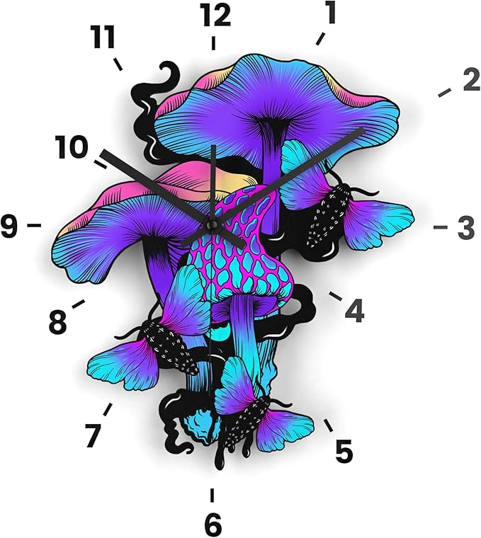 Wooden Wall Clock Trippy Mushrooms Non-Ticking Silent Battery Operated Home Decor DIY Numbers Cool Spooky Witchy House Warming Gift for Bedroom Girls Room Living Room Kitchen Halloween Fungi