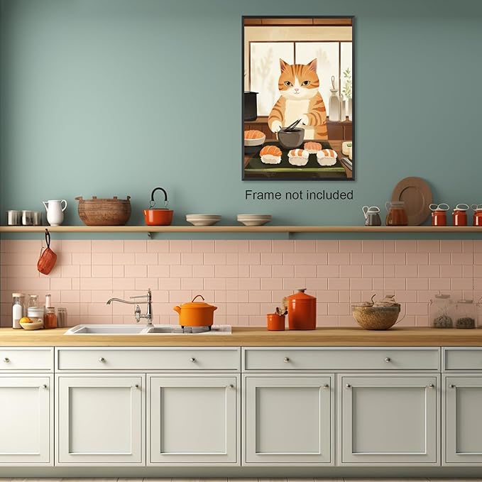 Vintage Cat Chef Kitchen Poster,Funny Food Canvas Wall Art,Cute Cat Cooking Sushi Print, Retro Kitchen Wall Decor, Whimsical Kitchen Art for Home, Dining Room, Cafe 16x24 in Unframed