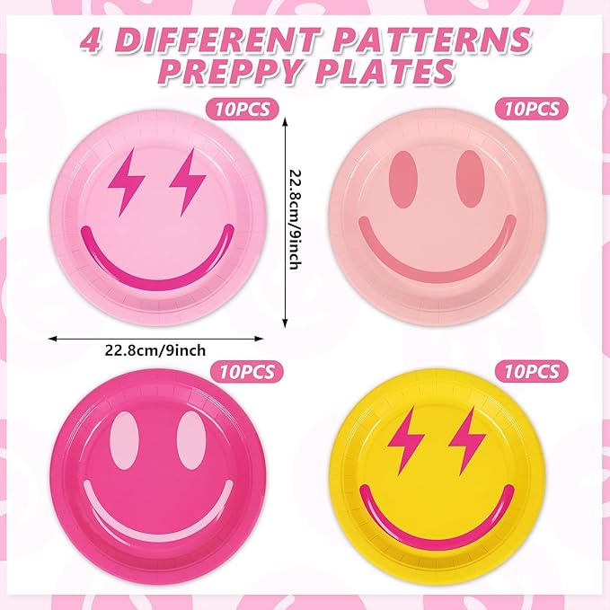 Whaline Preppy Paper Plates Smile Face Disposable Plates 4 Styles Dinner Plates Set 9 Inch Groovy Dessert Plates for Party Supplies Table Decor, 40Pcs